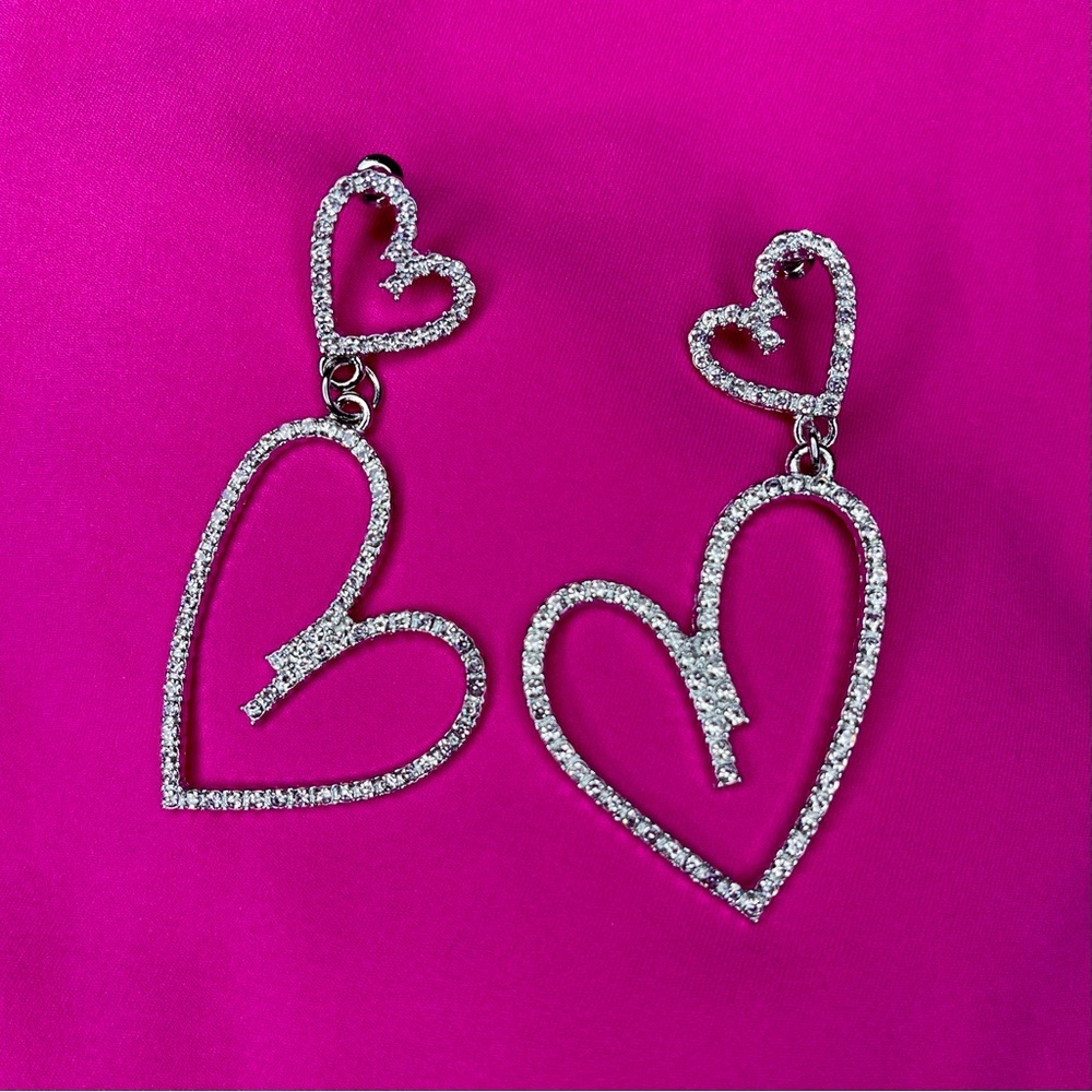 Silver Rhinestone Heart Double Love Drop Dangle Crystal Earrings Nwt